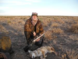 <p>This is the 2nd coyoter harvested on the fisrt day of hunting.  He came in good but after cathing wind trotted off.  The pasture was blocking a shot until about 150 yards out he gave a broadside shot.  Great shooting skills put him down in his tracks.  12-2-13</p>