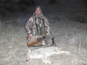 <p>Early morning, perfect call in.  This big female came to dog whines within a couple of minutes.  After catching wind at about 80 yards she took off.  KB got her to stop at about 220 yards and a good shot with a .243 brought it all together.  1-30-14</p>